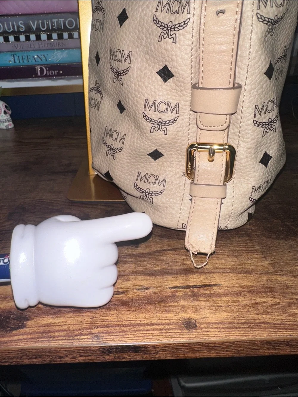 MCM Visetos Hobo Shoulder Bag Beige Cognac Leather Gold Hardware Padlock Key